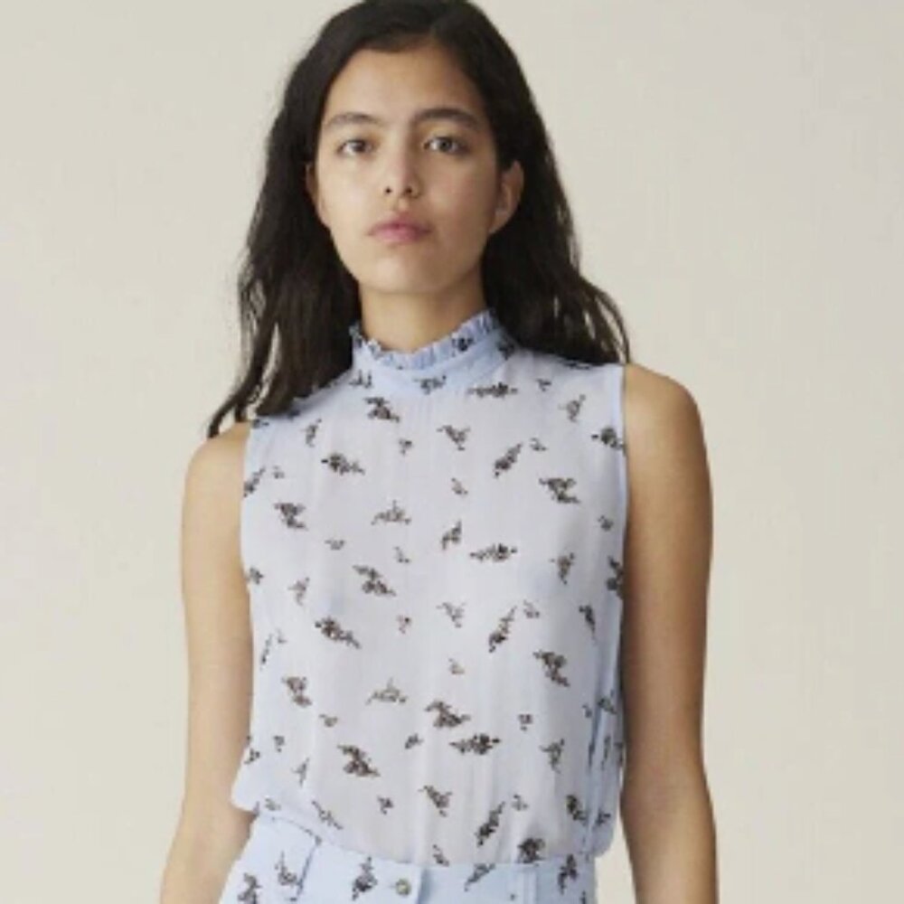 Ganni Sleeveless Sheer Floral Mock Neck Blouse